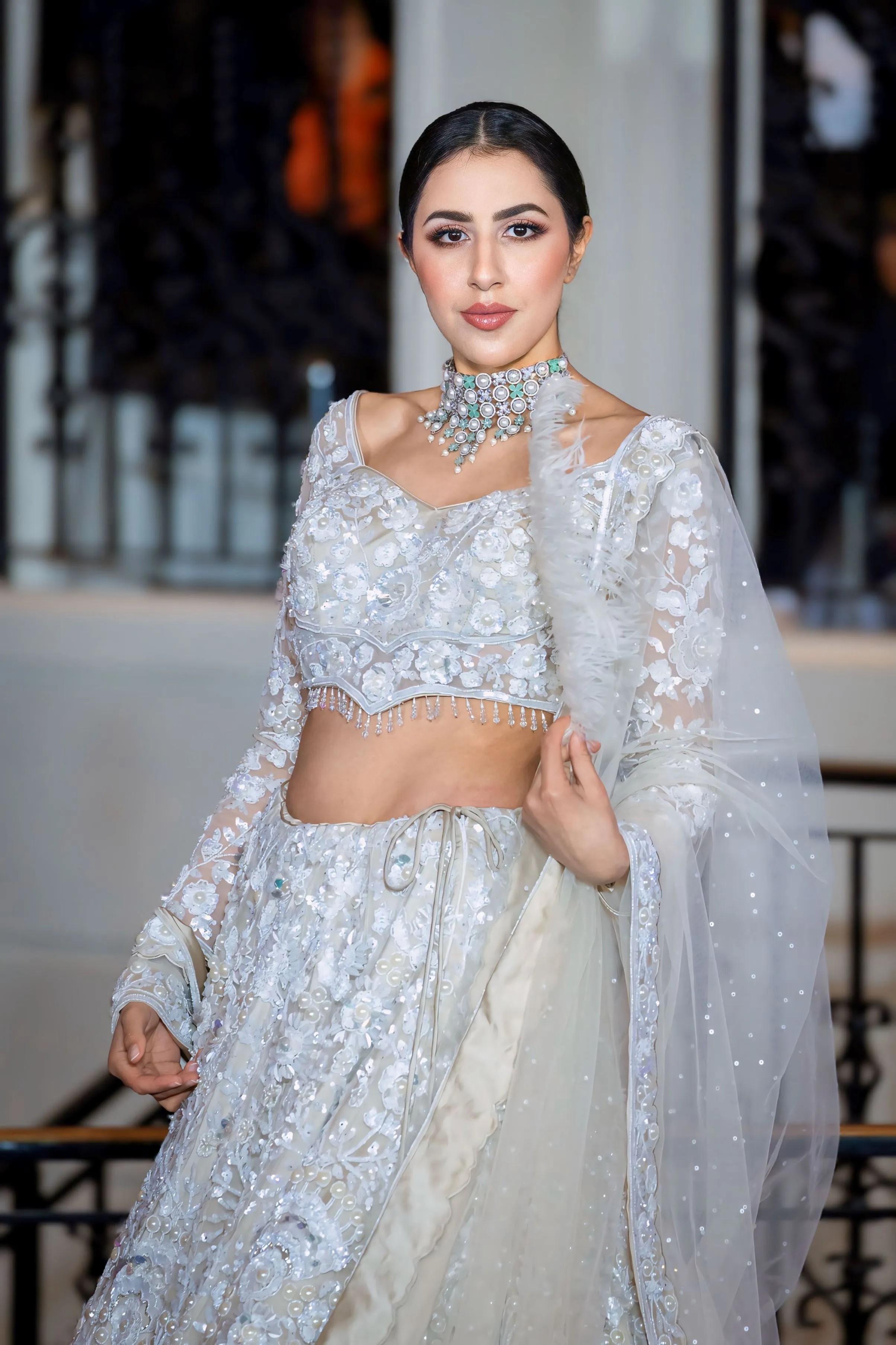 Embellished Pearl Studded Ivory White Bridal Lehenga