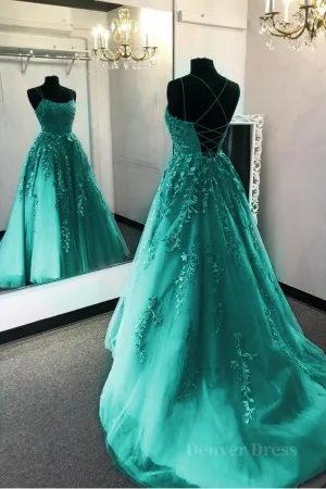 Fashion Green Lace Appliques Open Back Tulle Long Prom Dresses Green Lace Formal Dresses Green Evening Dresses