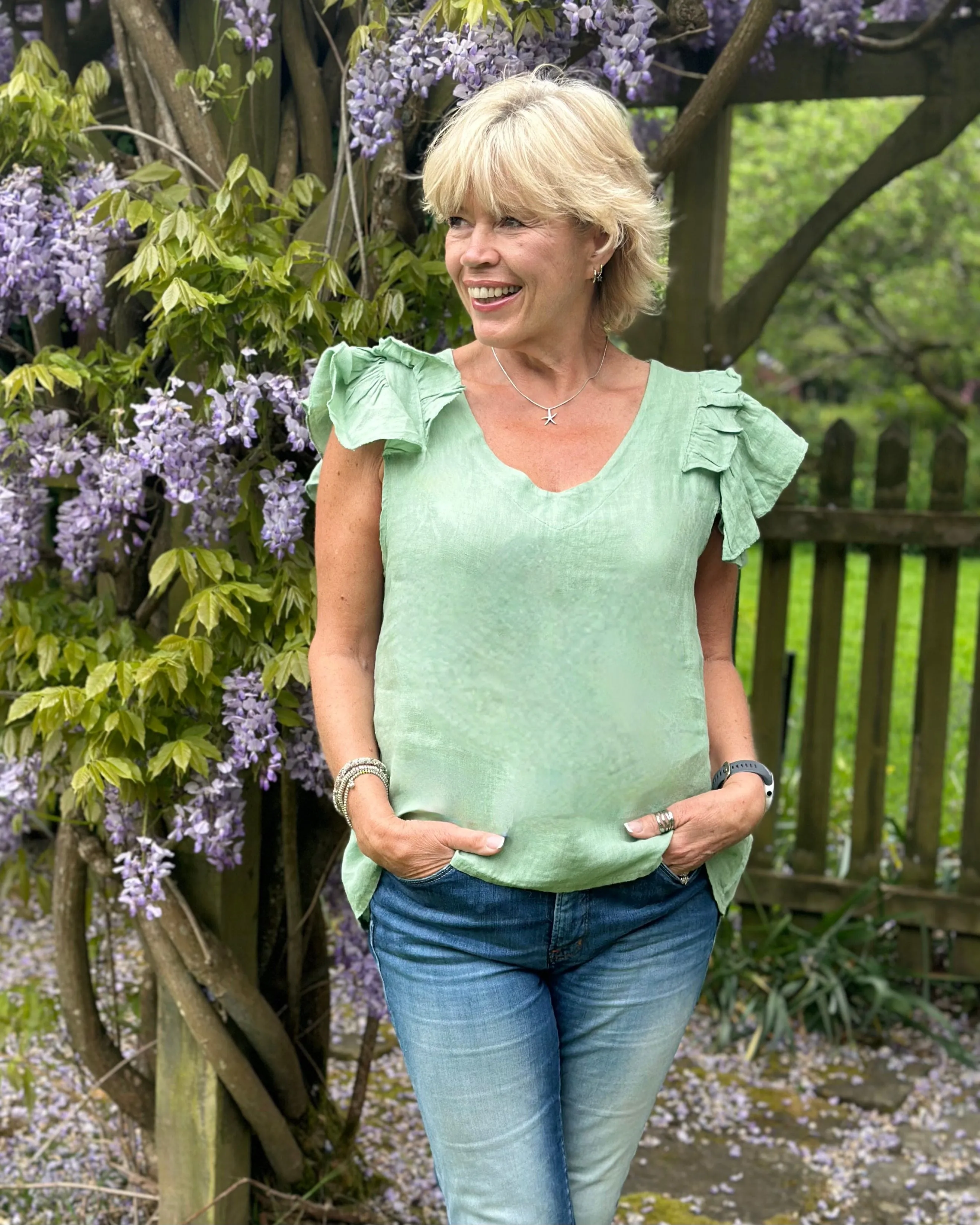 Frilled Sleeve Linen Top - Sage