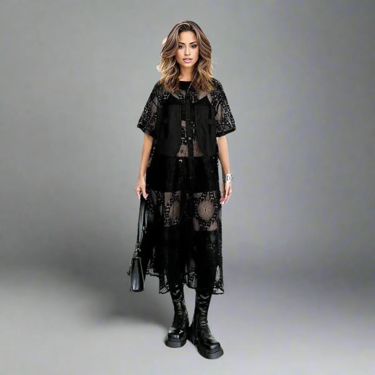 Gothic Style Black Lace See-Through Shirt Dress with Button Closure