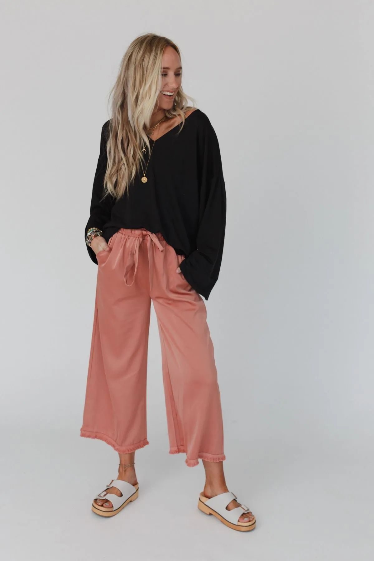 Here To Stay Fringed Culottes - Peach