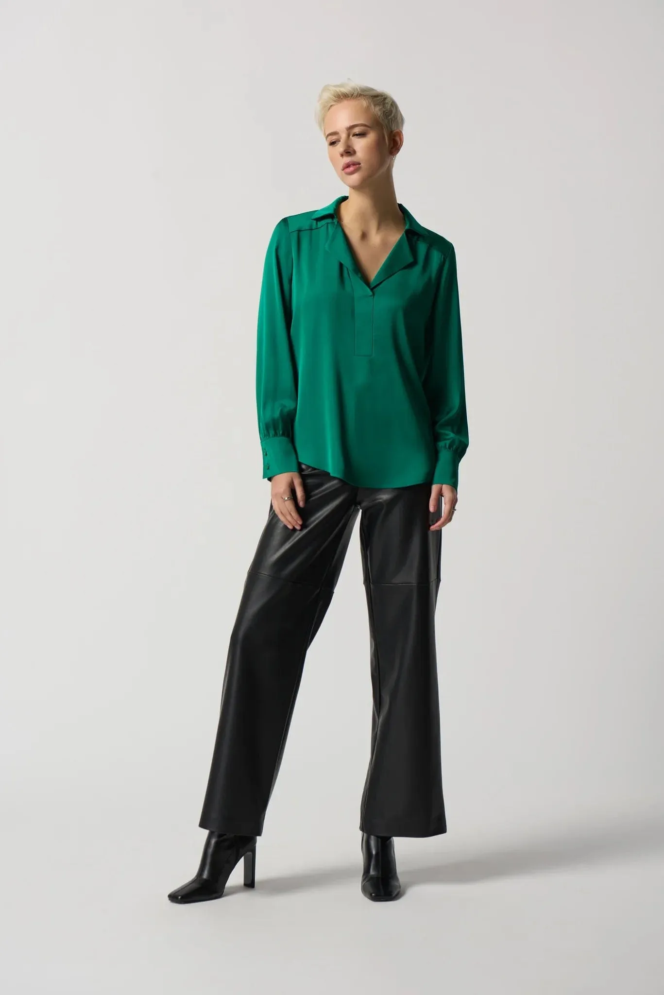 Joseph Ribkoff Kelly Green Long Sleeve Notched Collar Satin Blouse - 233135