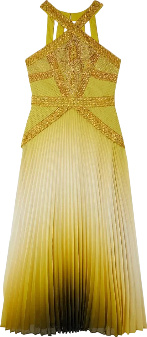 Karen Millen Yellow Geo Embellished Ombre Pleated Woven Maxi Dress BNWT UK 6