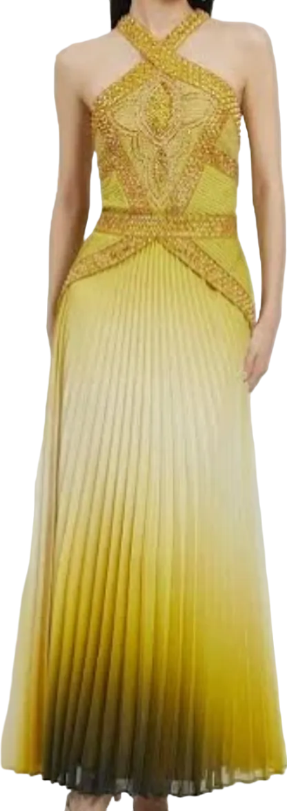 Karen Millen Yellow Geo Embellished Ombre Pleated Woven Maxi Dress BNWT UK 6