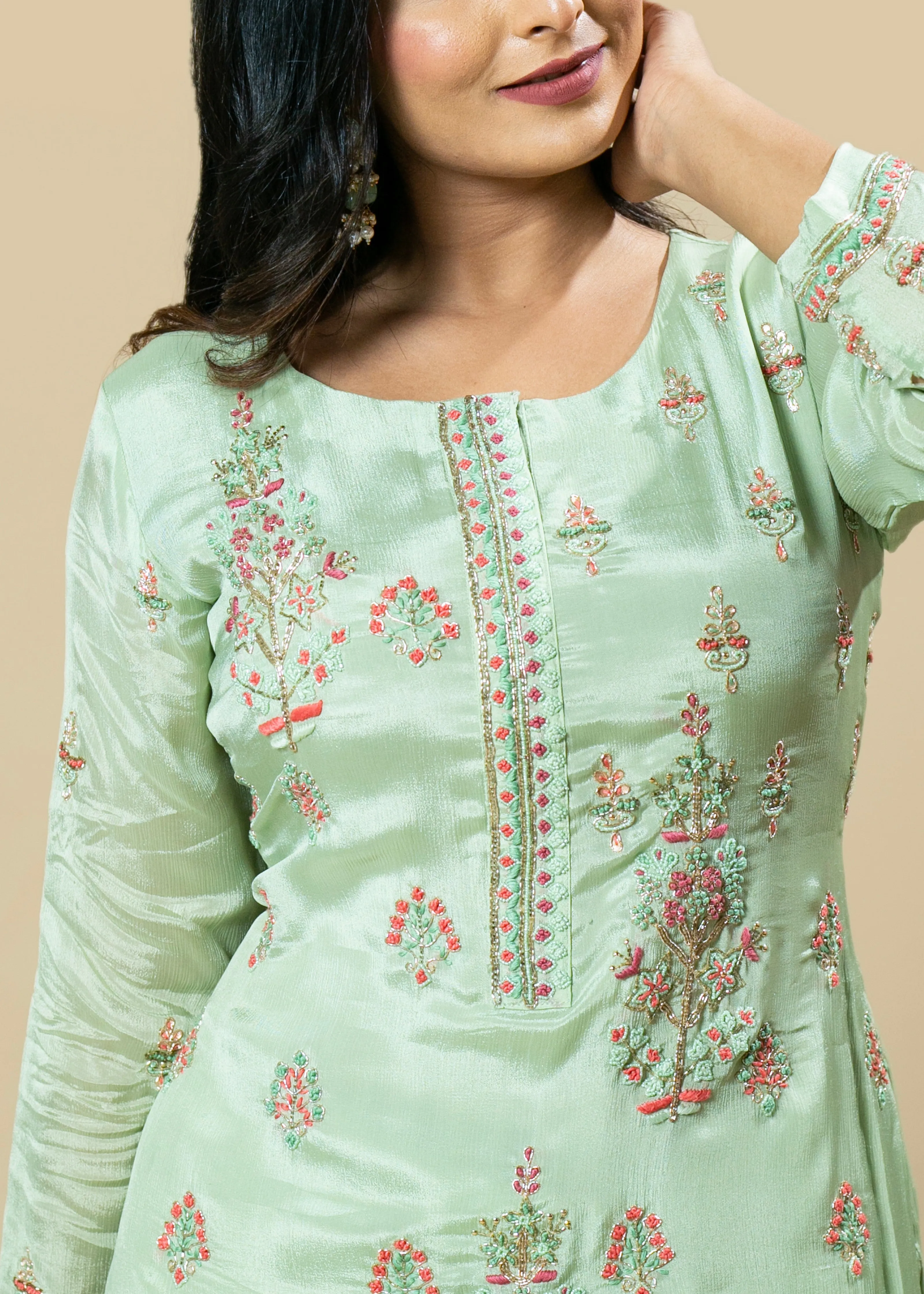 Lime Green Hand Embroidered Chinnon Designer Suit with Chiffon Dupatta