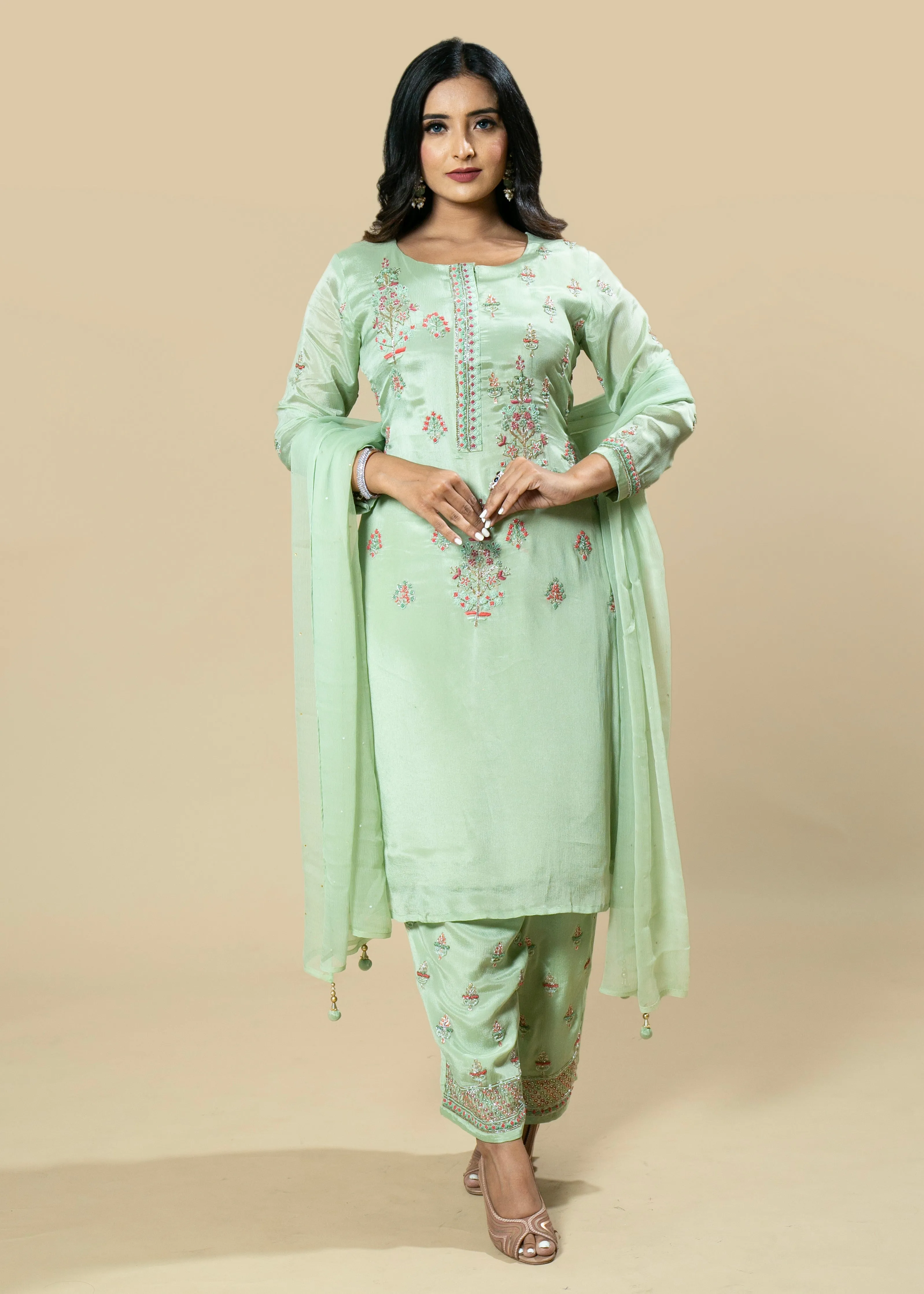 Lime Green Hand Embroidered Chinnon Designer Suit with Chiffon Dupatta