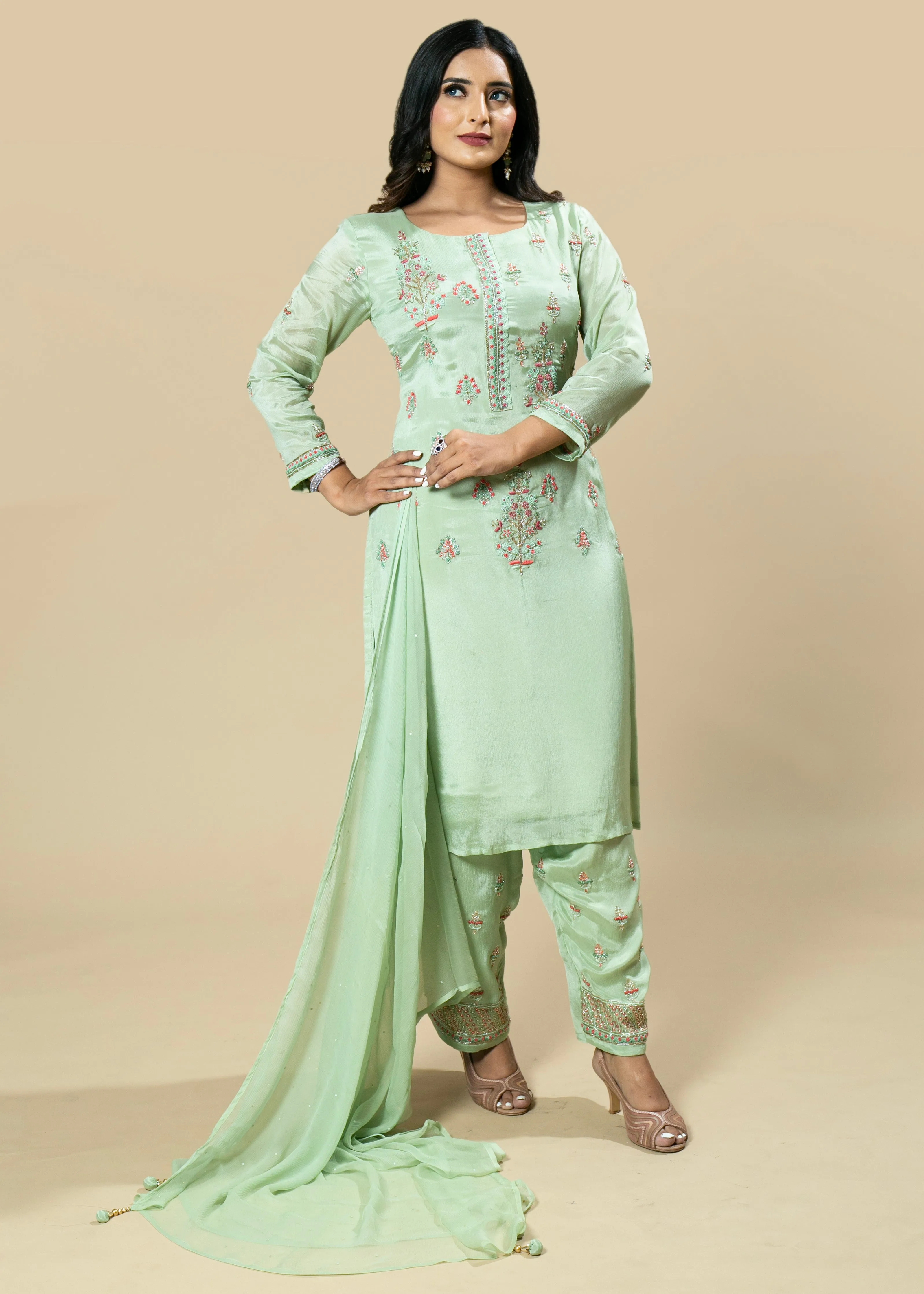 Lime Green Hand Embroidered Chinnon Designer Suit with Chiffon Dupatta