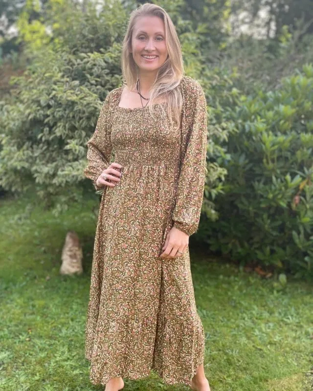 Long Sleeved Ditsy Berries Print Dress - Khaki