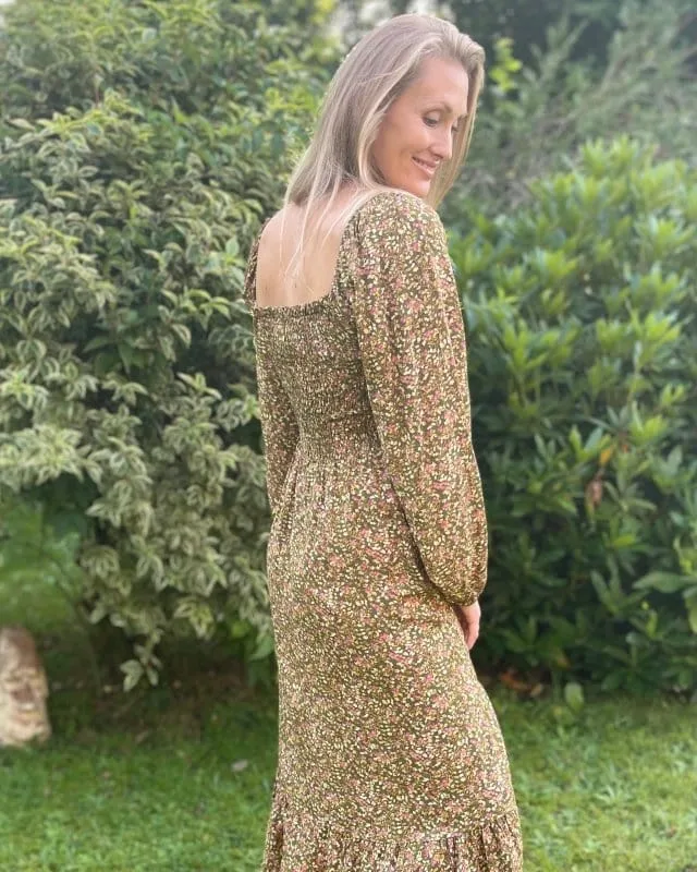 Long Sleeved Ditsy Berries Print Dress - Khaki