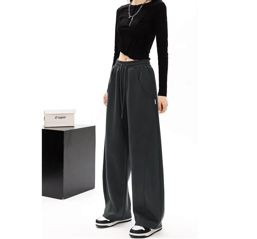 Mid-Waist Drawstring Pocketed Wide-Leg Plain Sweatpants dd22