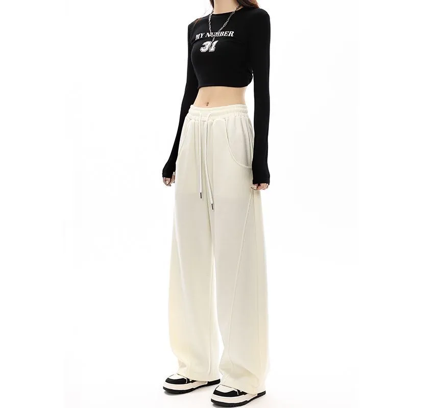 Mid-Waist Drawstring Pocketed Wide-Leg Plain Sweatpants dd22