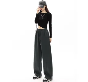 Mid-Waist Drawstring Pocketed Wide-Leg Plain Sweatpants dd22