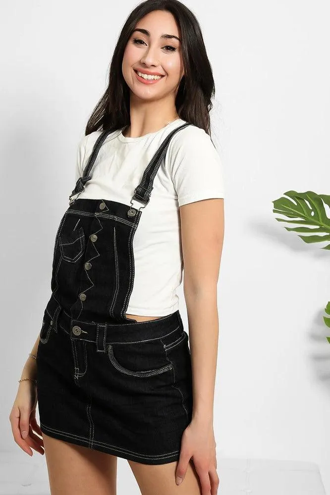 Navy Contrast Stitch Denim Dungaree Skirt