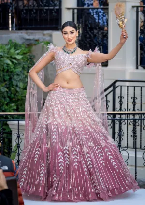 Pastel Pink Ombre Feather Sequins Embellished Bridal Partywear Lehenga