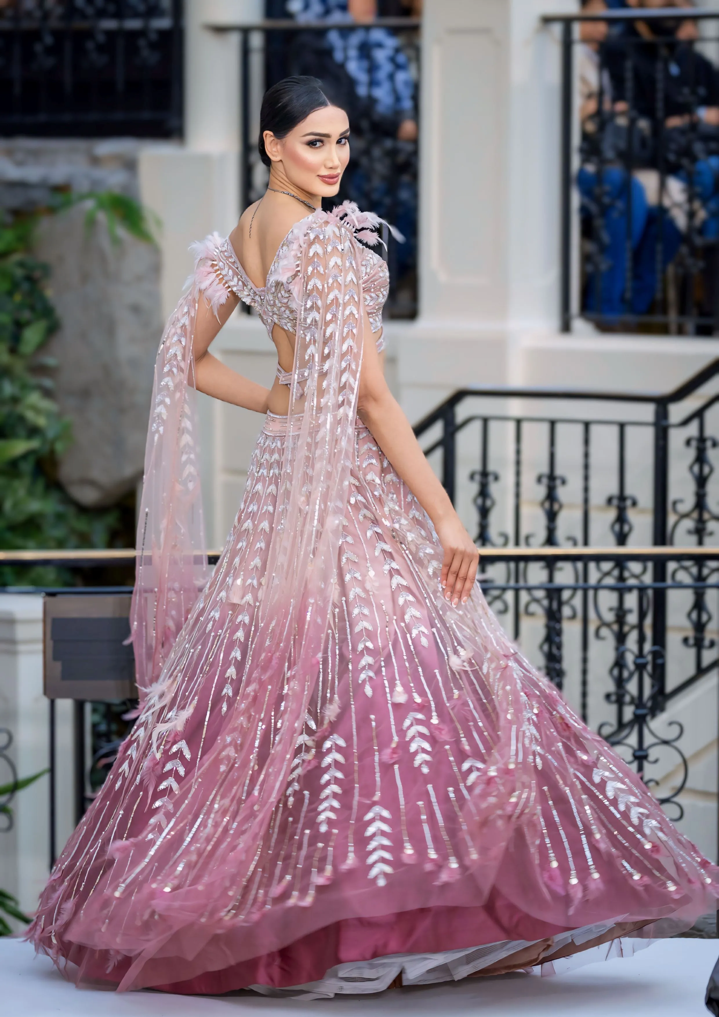 Pastel Pink Ombre Feather Sequins Embellished Bridal Partywear Lehenga