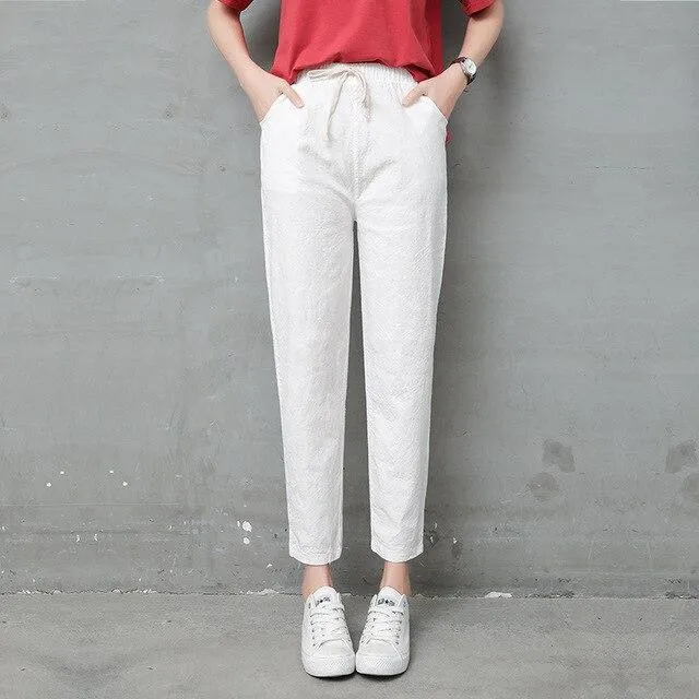 Pencil Ankle Length Solid Elastic Waist Cotton Linen Pants