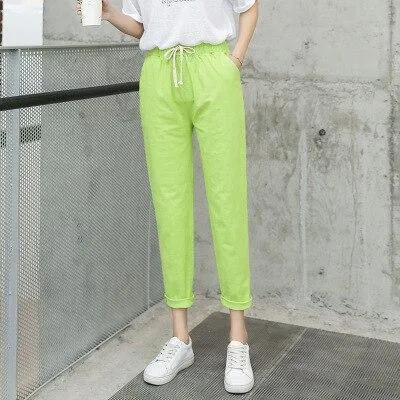 Pencil Ankle Length Solid Elastic Waist Cotton Linen Pants