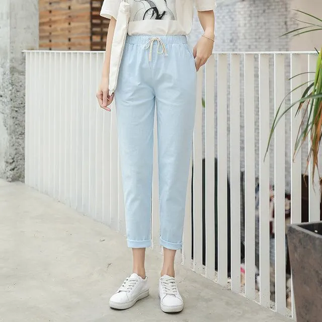 Pencil Ankle Length Solid Elastic Waist Cotton Linen Pants