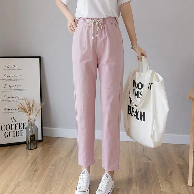 Pencil Ankle Length Solid Elastic Waist Cotton Linen Pants