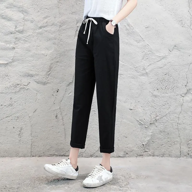 Pencil Ankle Length Solid Elastic Waist Cotton Linen Pants