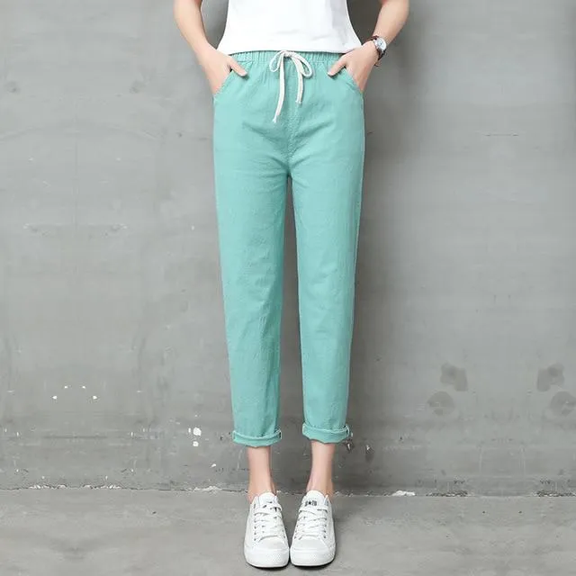 Pencil Ankle Length Solid Elastic Waist Cotton Linen Pants