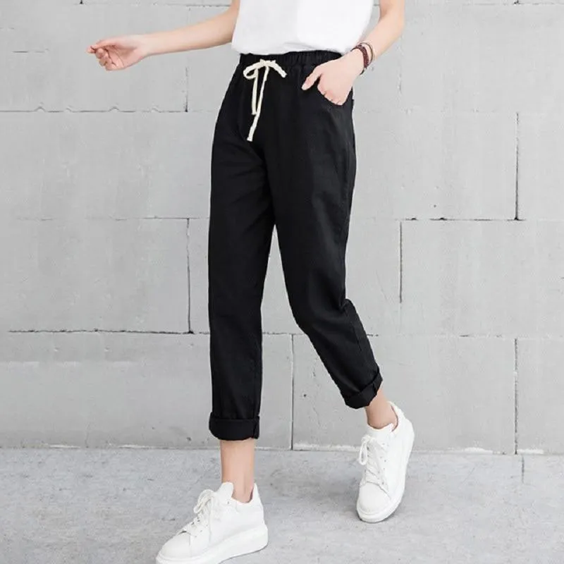 Pencil Ankle Length Solid Elastic Waist Cotton Linen Pants