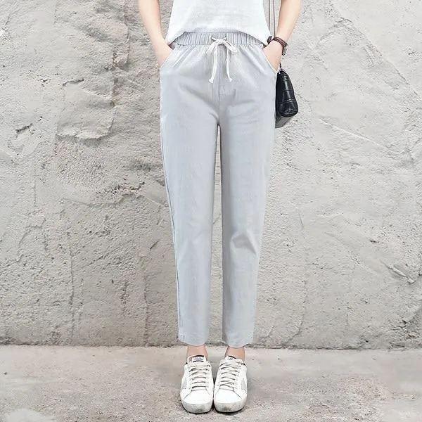 Pencil Ankle Length Solid Elastic Waist Cotton Linen Pants