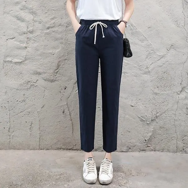 Pencil Ankle Length Solid Elastic Waist Cotton Linen Pants