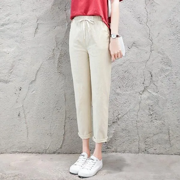 Pencil Ankle Length Solid Elastic Waist Cotton Linen Pants