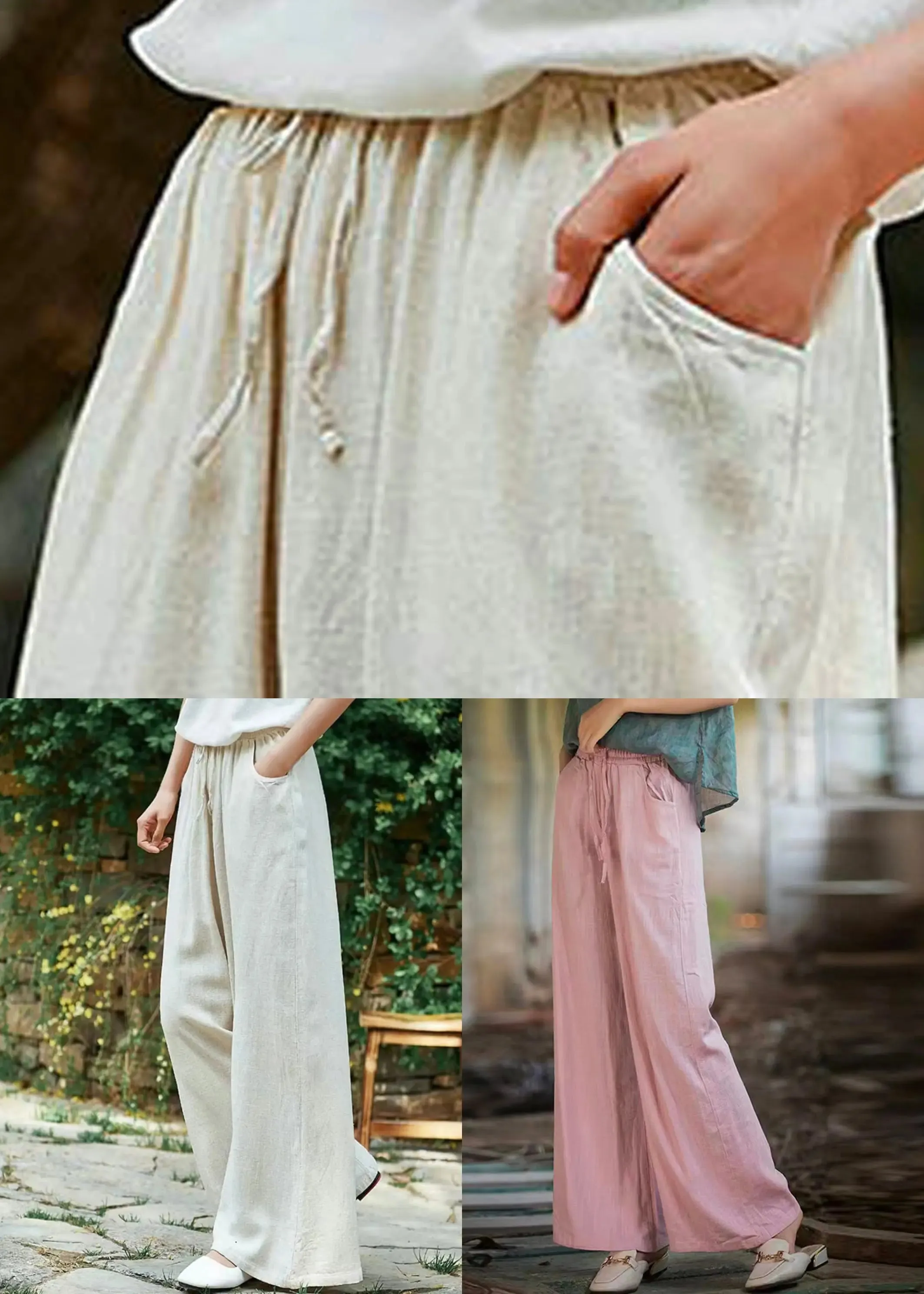 Pink Pockets Linen Wide Leg Pants Elastic Waist CG1036