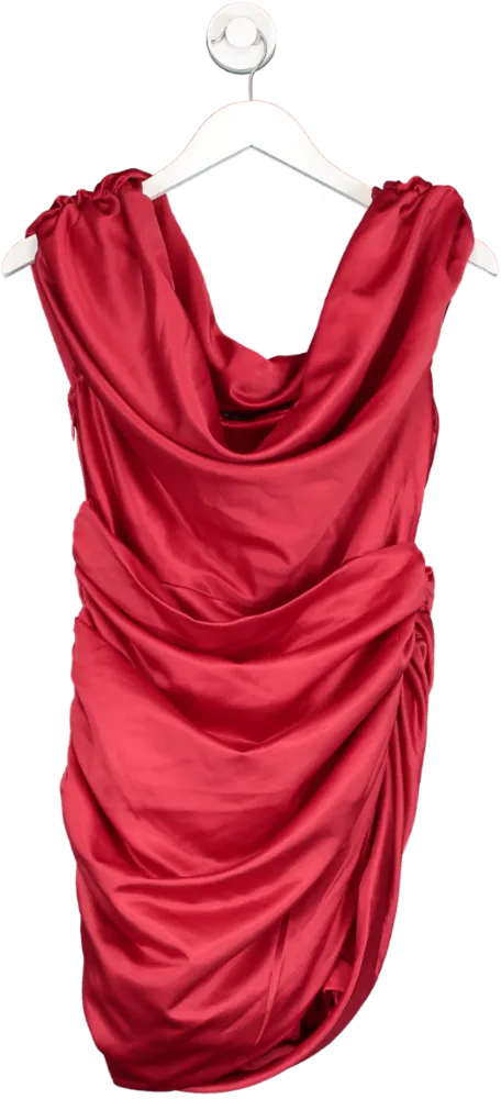 PrettyLittleThing Red Constructed Satin Ruched Bardot Dress UK 14