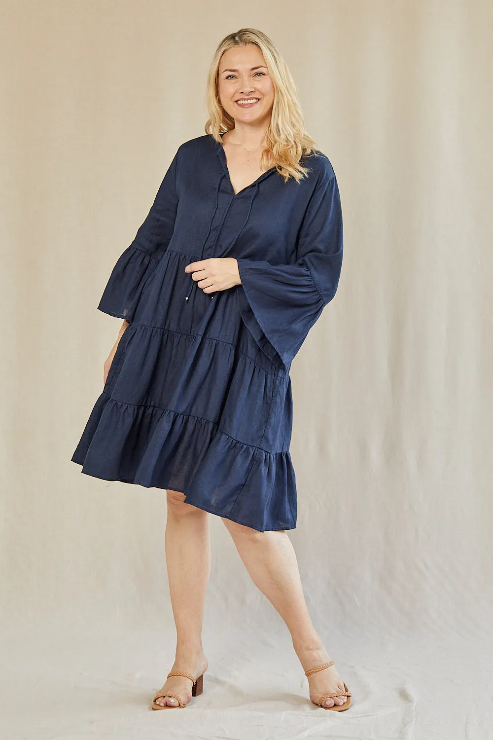 Scout Tiered Linen Dress in Navy