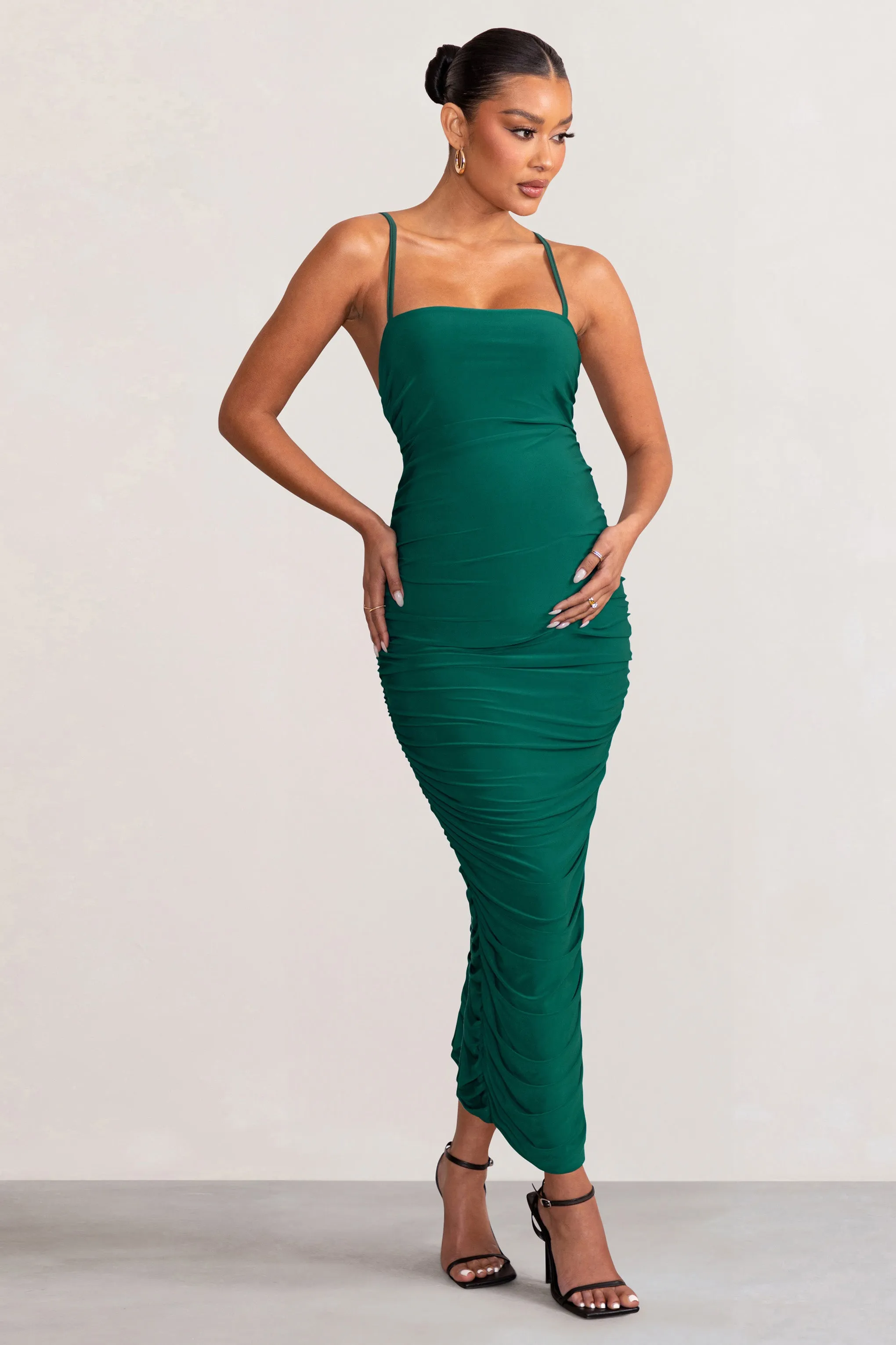 Sentimental | Bottle Green Maternity Midi Dress with Cami Straps and Ruching