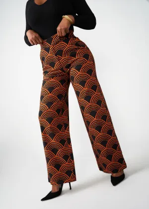 Thema Women's African Print Stretch Wide Leg Pants (Black Amber Dots)