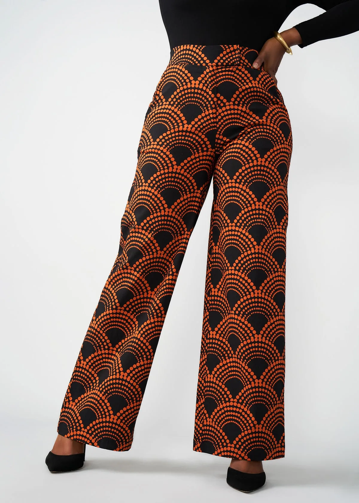 Thema Women's African Print Stretch Wide Leg Pants (Black Amber Dots)