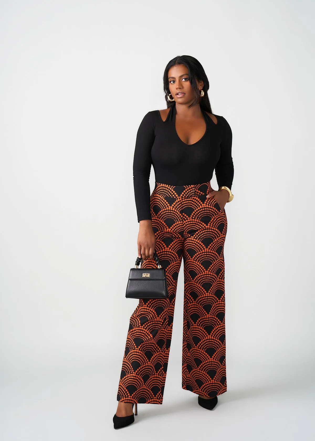 Thema Women's African Print Stretch Wide Leg Pants (Black Amber Dots)