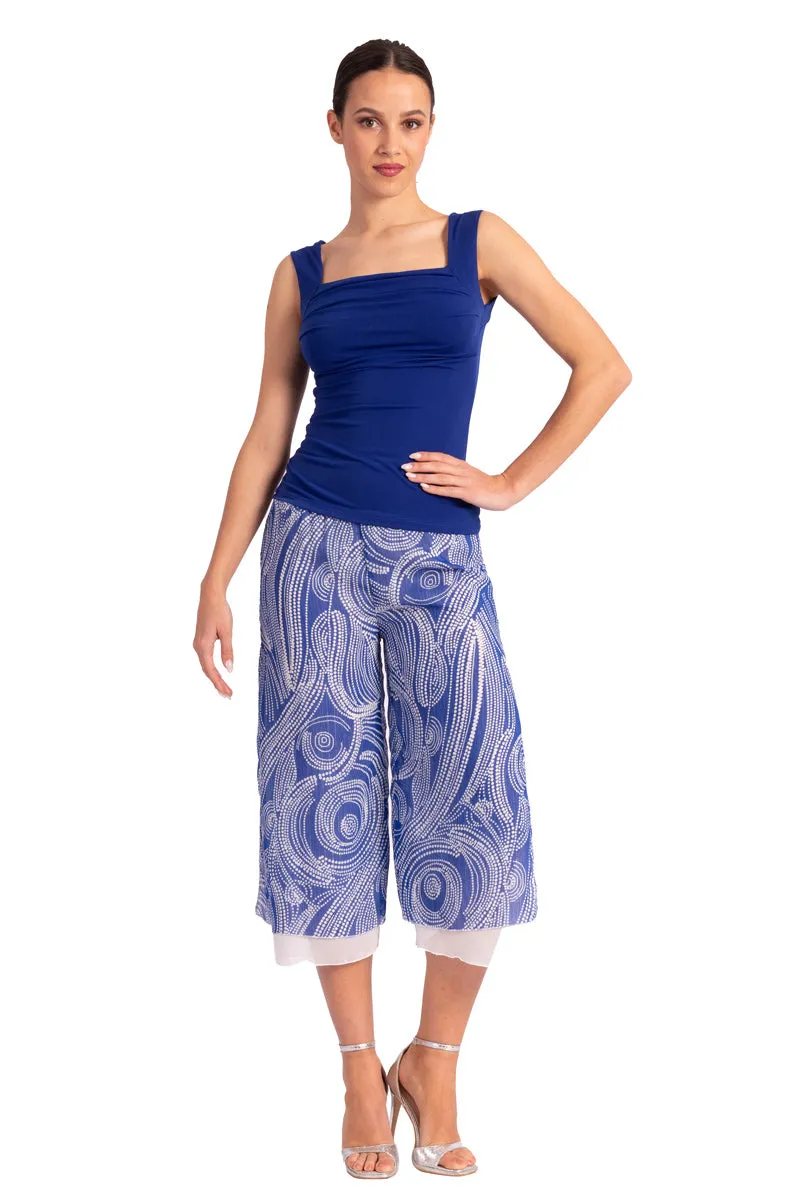 Two-layer Blue Cycladic Print Georgette Cropped Culottes With Slits