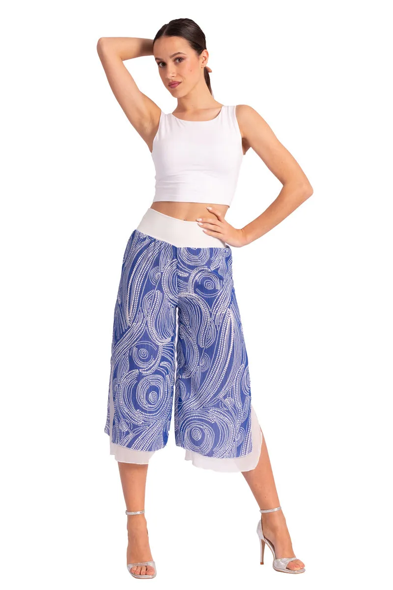 Two-layer Blue Cycladic Print Georgette Cropped Culottes With Slits