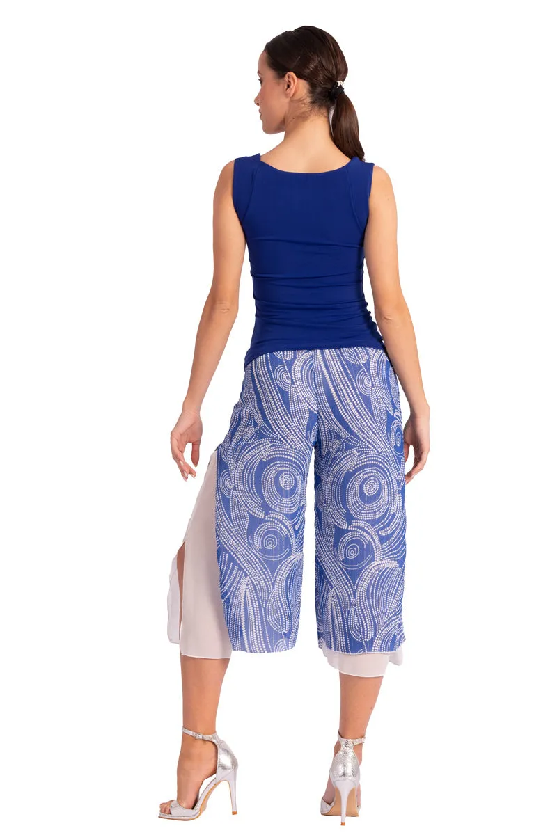 Two-layer Blue Cycladic Print Georgette Cropped Culottes With Slits