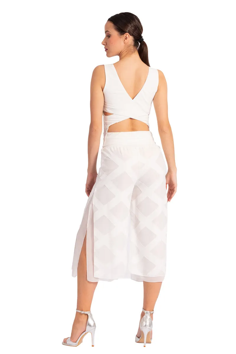 Two-layer White 3D Relief Cropped Culottes With Slits