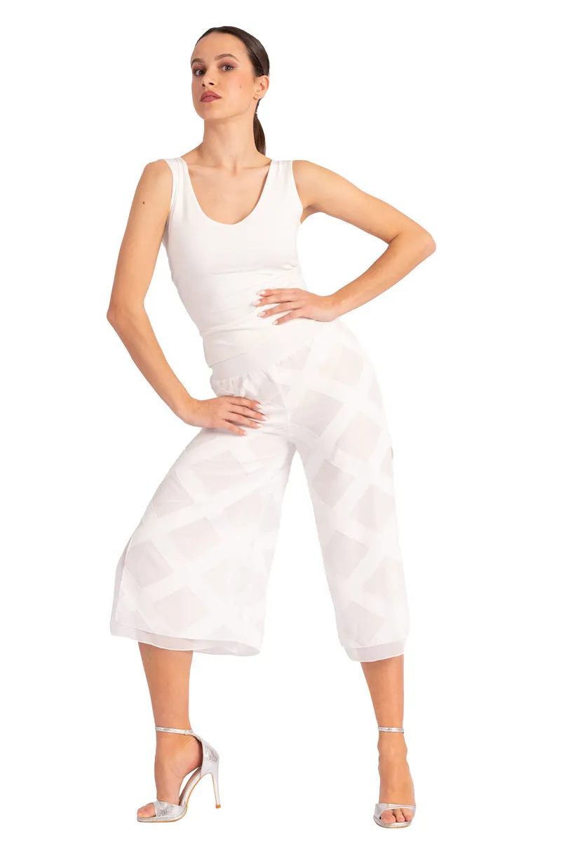 Two-layer White 3D Relief Cropped Culottes With Slits