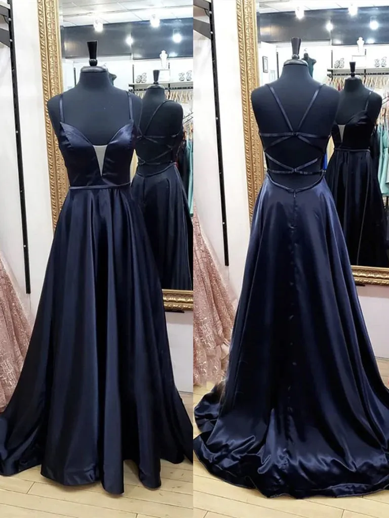 V Neck Black Satin Long Prom Dresses, Black V Neck Long Satin Formal Evening Dresses