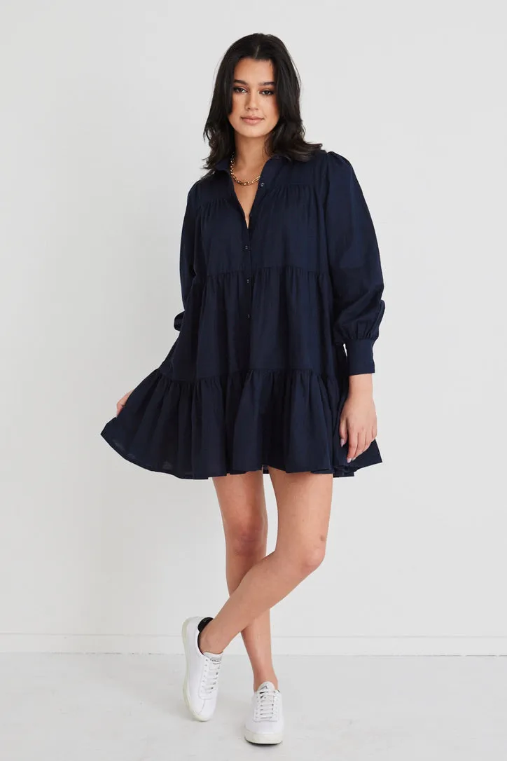 Valley Navy Linen Blend Shirt Style Tiered Mini Dress