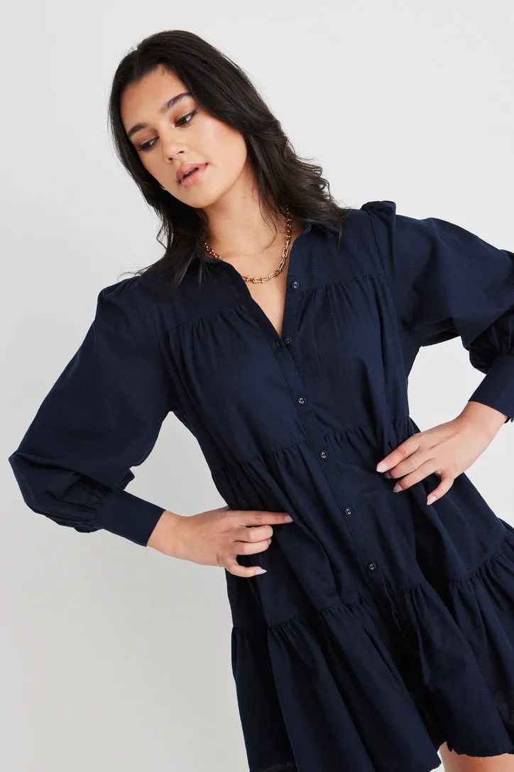 Valley Navy Linen Blend Shirt Style Tiered Mini Dress