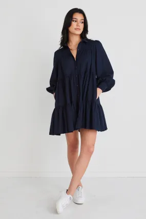 Valley Navy Linen Blend Shirt Style Tiered Mini Dress