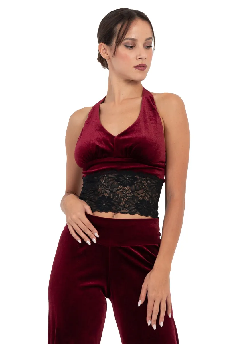 Velvet Halter-neck Tie Crop Top with Black Lace